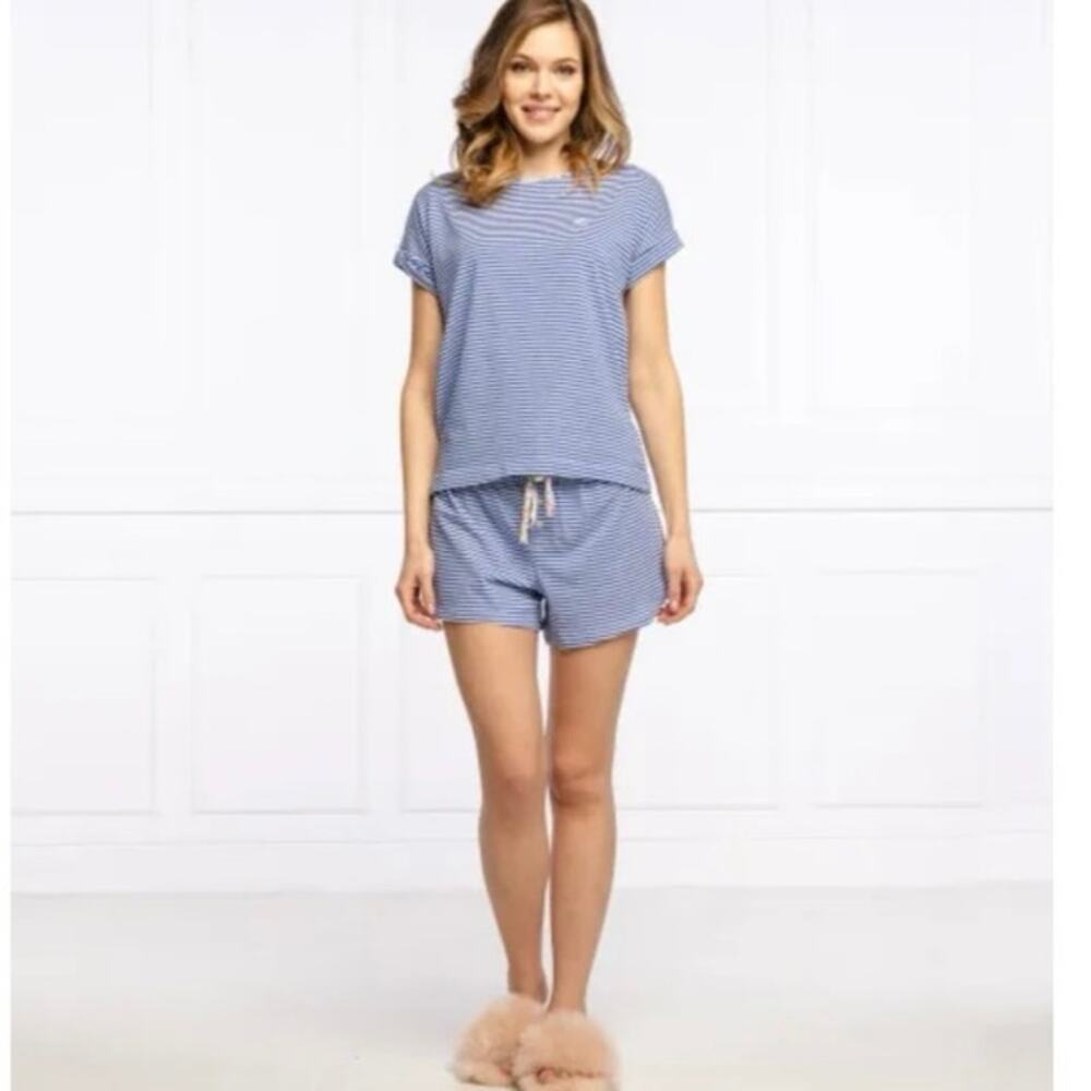 Ralph Lauren LRL Blue Striped Floral Trim Shorts/Tee PJ Set XL Embroidered Sleep - Picture 2 of 6